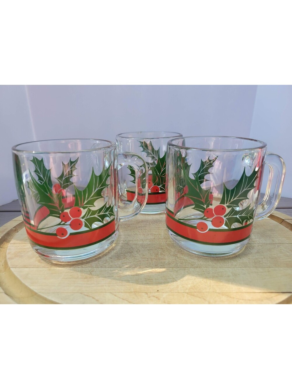 Glass Christmas Coffee Coco Tea Mugs Set Of 3 Holiday Holly Berries Vintage